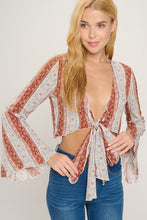 Load image into Gallery viewer, Tie front bell sleeve crop cardigan fashion top
