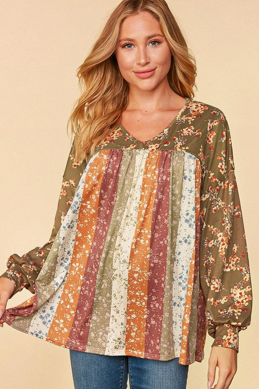 FLORAL ETHNIC FLORAL VERTICAL STRIPE TOP